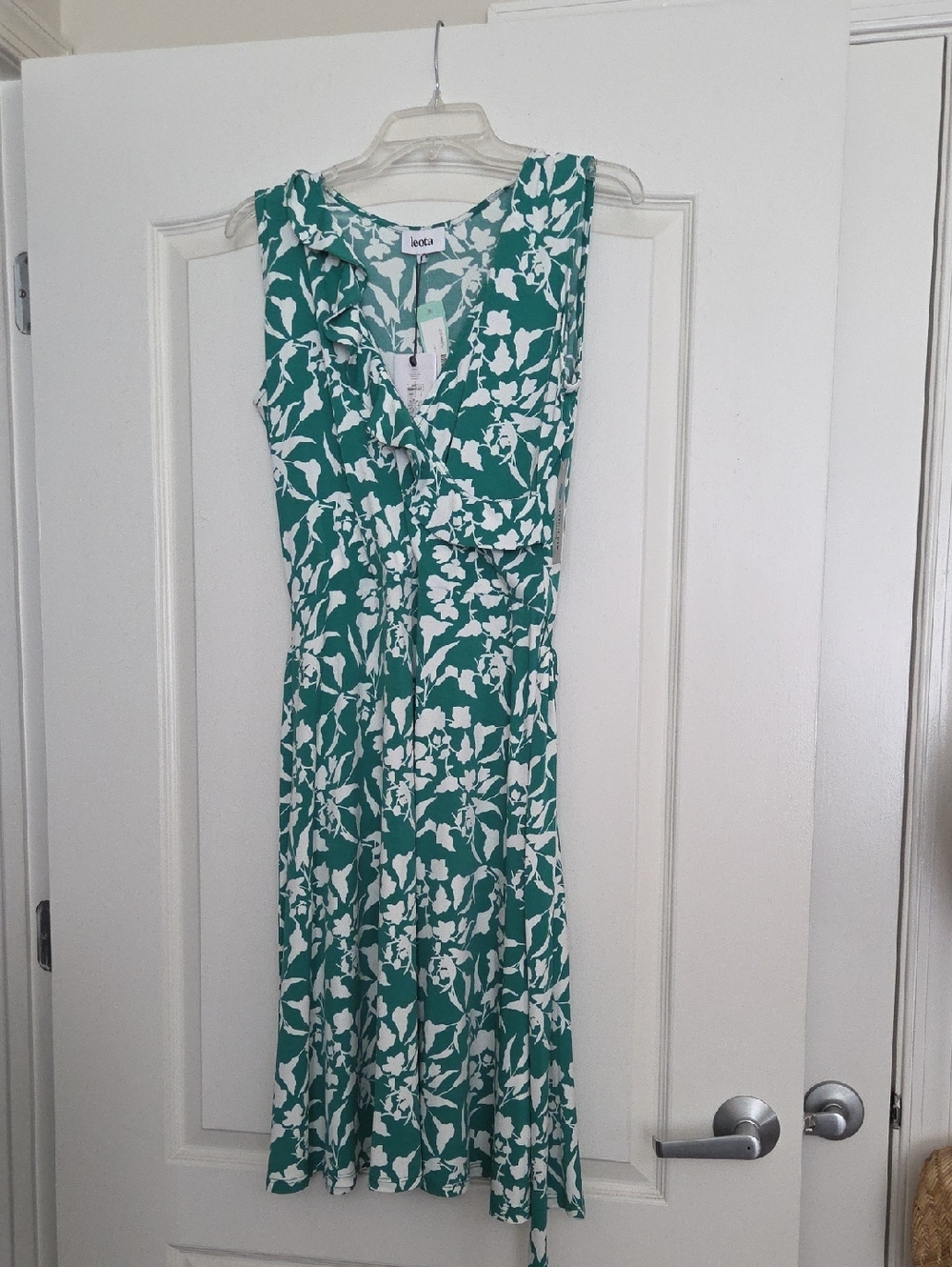 Leota Teal and White Floral Ruffle-Front Sleeveless Midi Dress